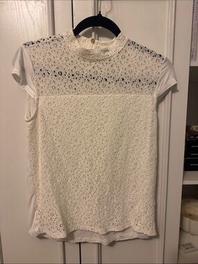 Tommy Hilfiger Cream Lace Short Sleeve Mock Neck Top